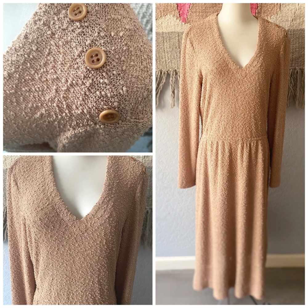 Vintage 70s California Girl Tan Boucle Knit Midi dress
